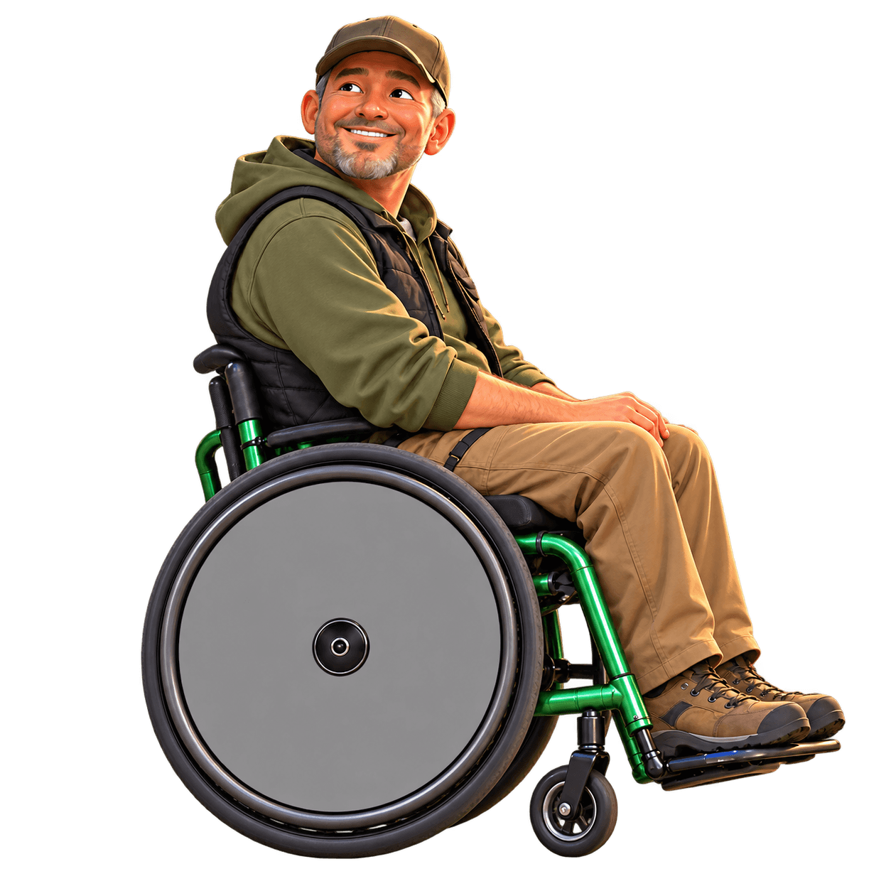 Camera Adventures · Illustrative wheelchair mockup with a colourful spoke-guard sticker