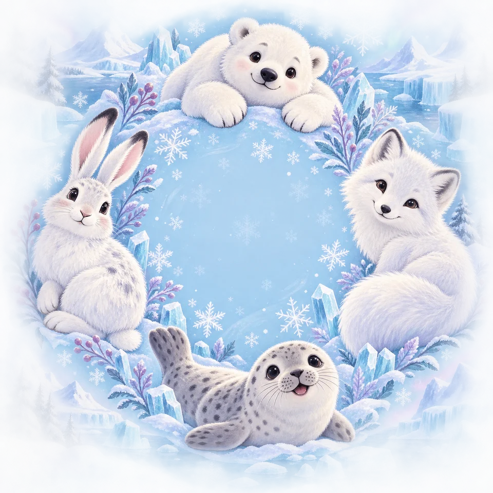 Polar bears, arctic foxes and seals in frosty pastel scenery.