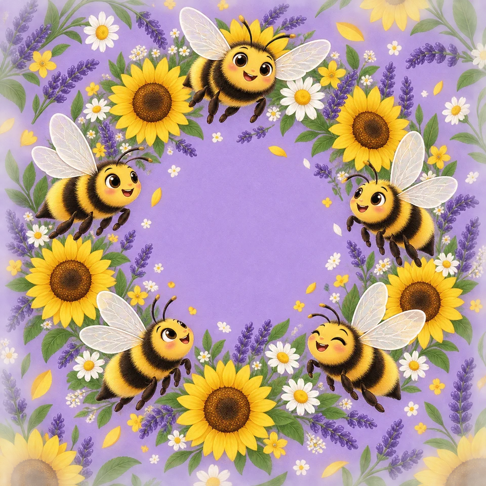 Busy bumblebees and bright blossoms in a cheerful garden.