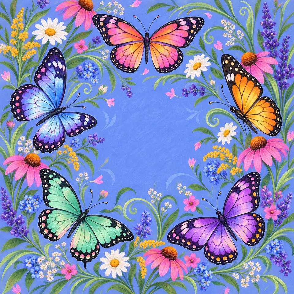 Colorful butterflies among blooming meadow flowers.