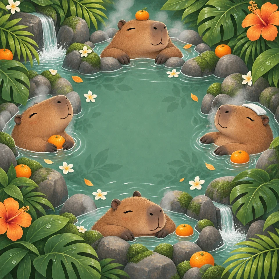 Relaxed capybaras enjoying citrus and warm springs.