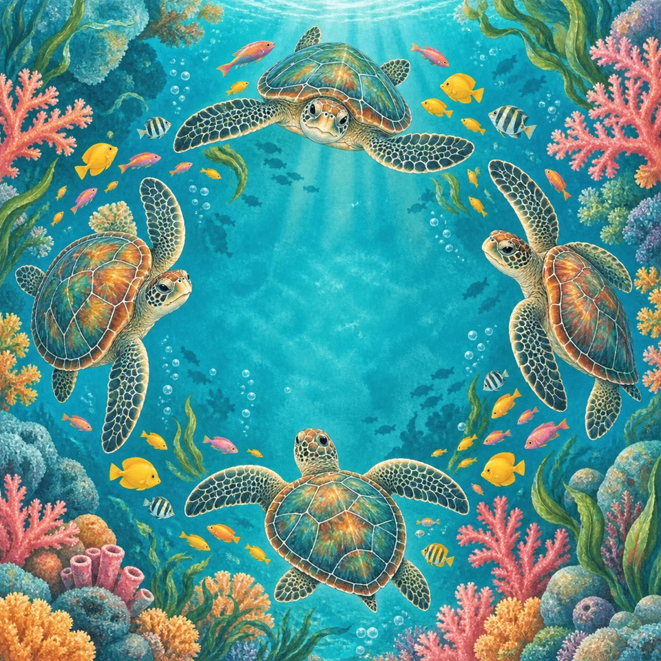 Sea turtles gliding above a colorful coral reef.