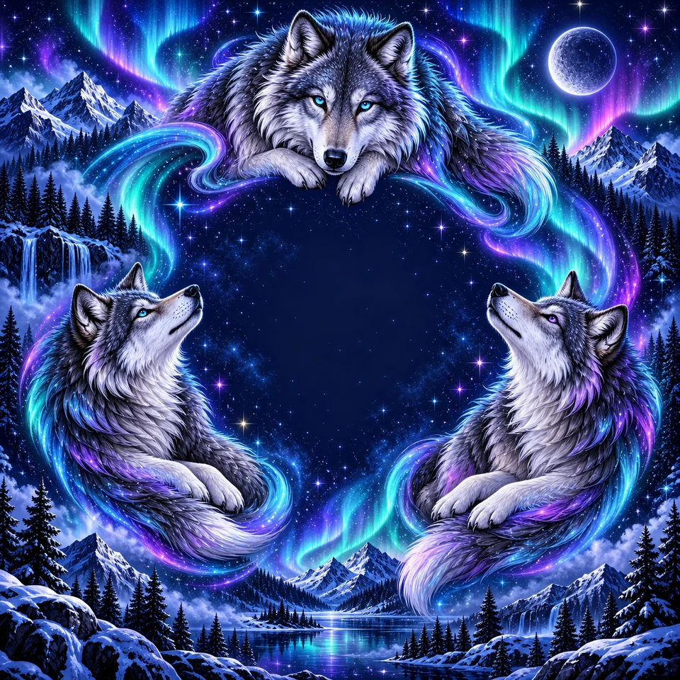 Wolves roaming through a luminous celestial wilderness.