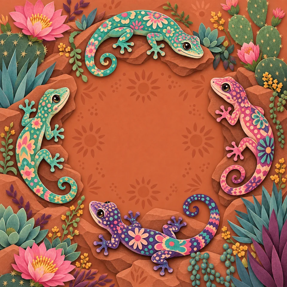 Patterned geckos among cactus flowers and desert shapes.