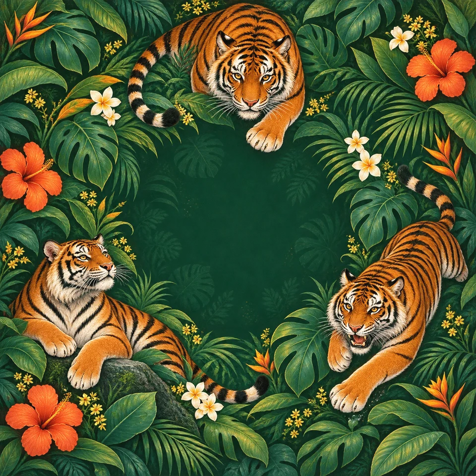 Confident tigers moving through dramatic jungle leaves.