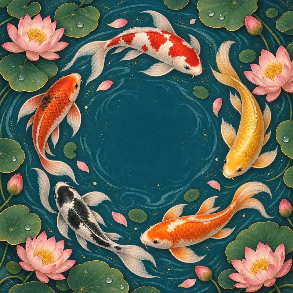 Elegant koi swimming among lilies and rippling water.