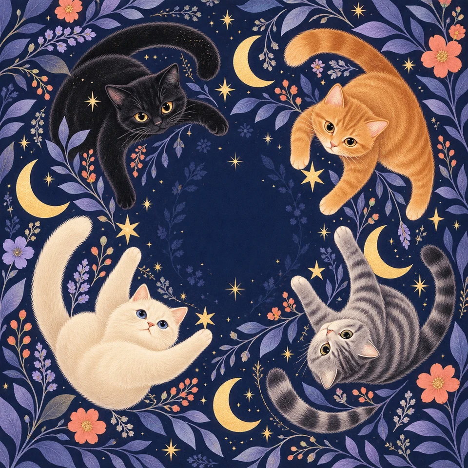 Curious cats exploring a magical moonlit garden.