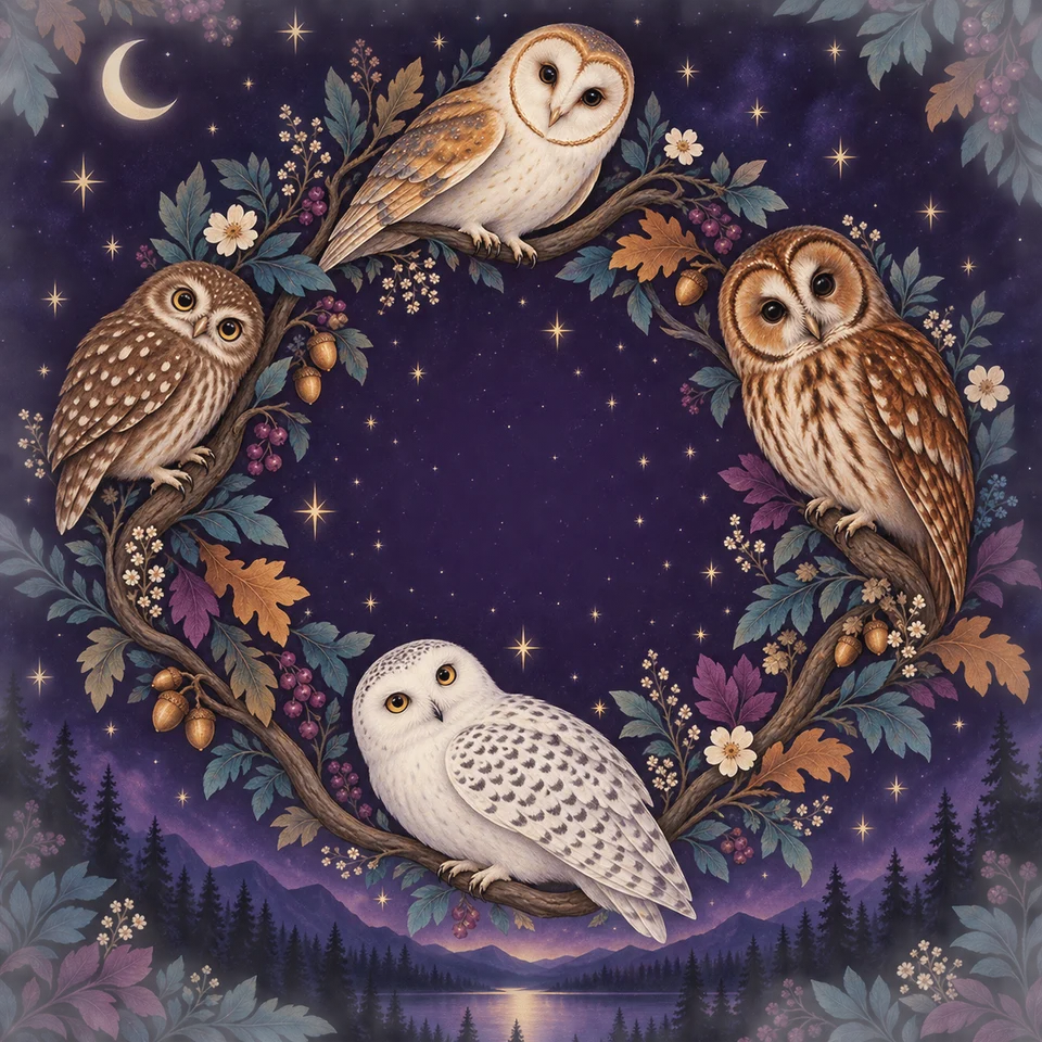 Wise woodland owls in a starlit forest.