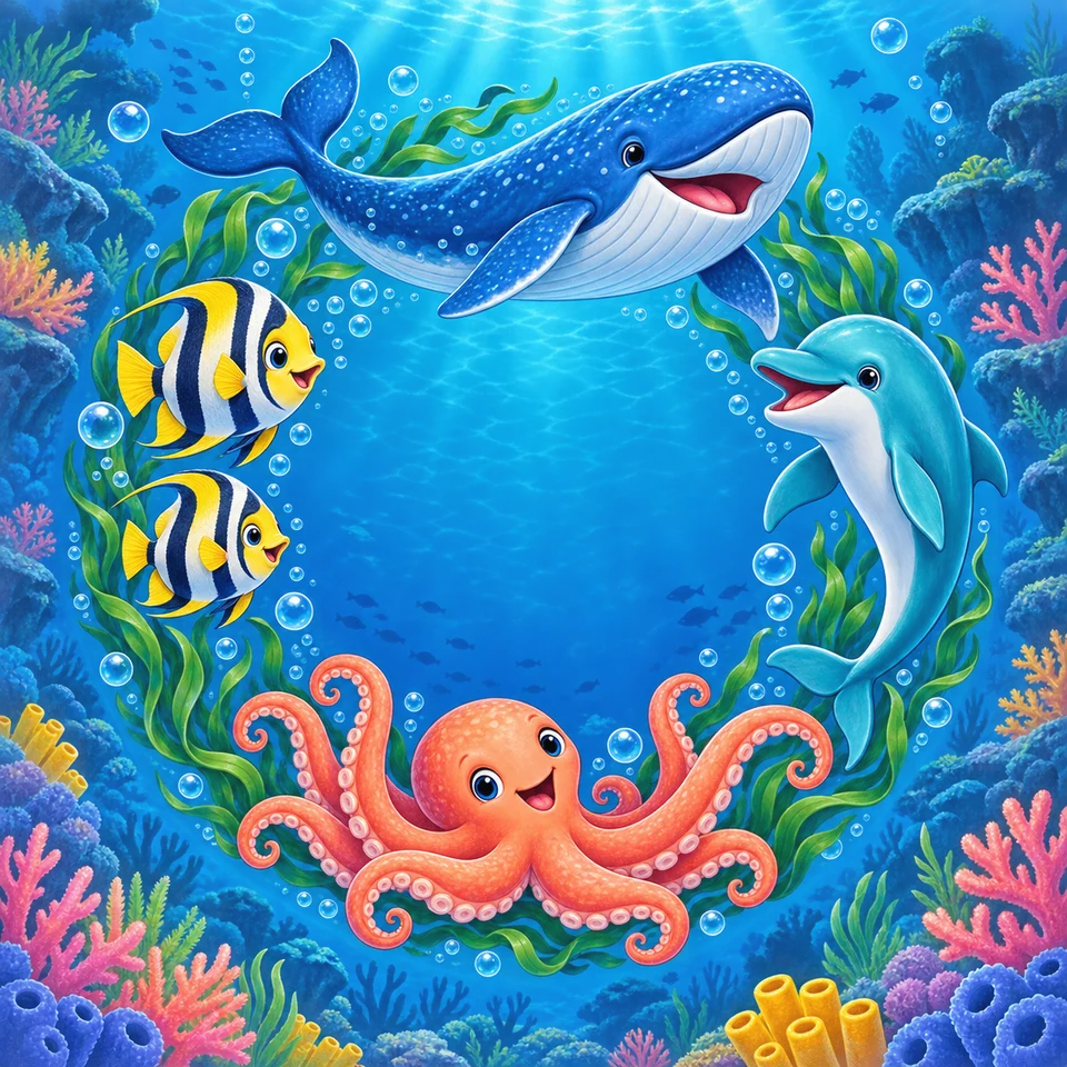Whale, octopus, dolphin and reef fish in a bright blue sea.