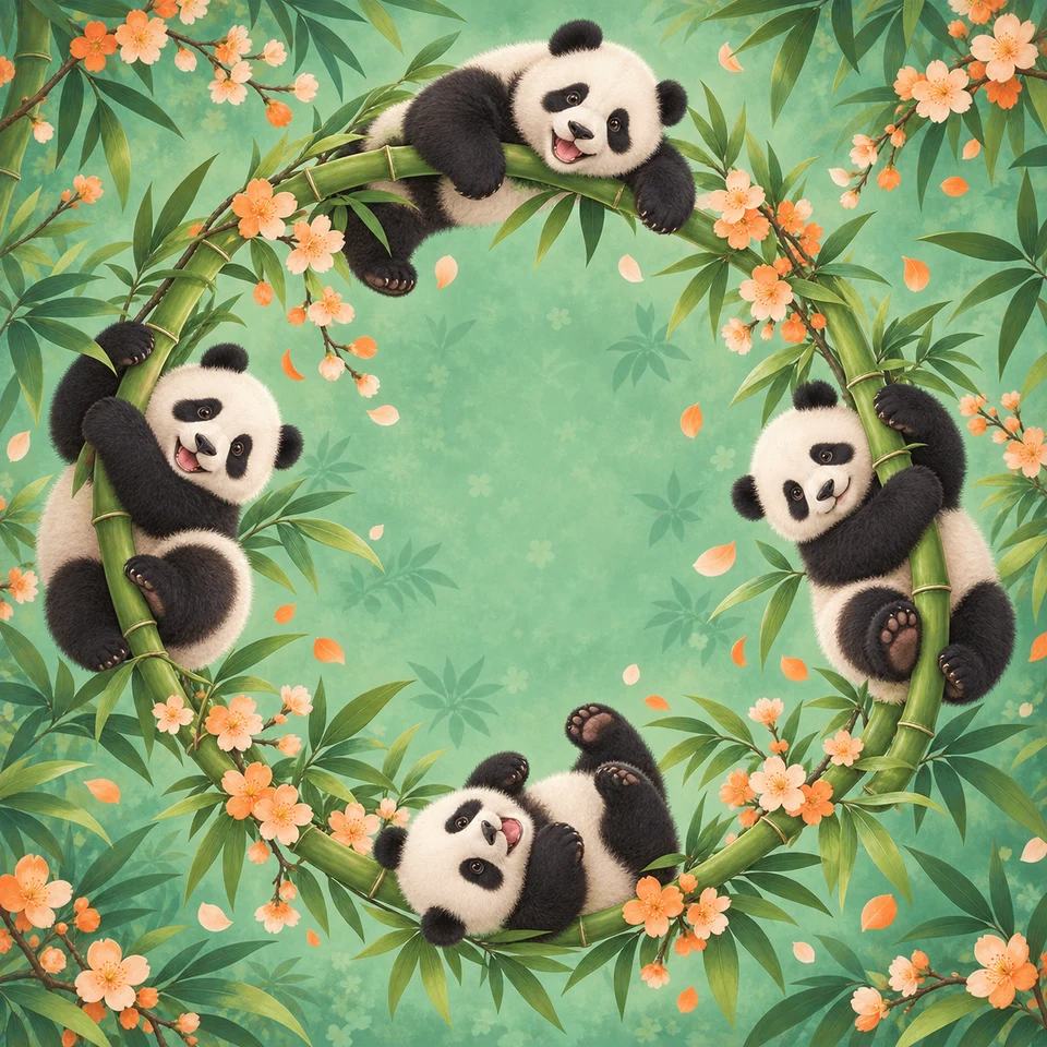 Pandas tumbling through fresh bamboo and blossom.