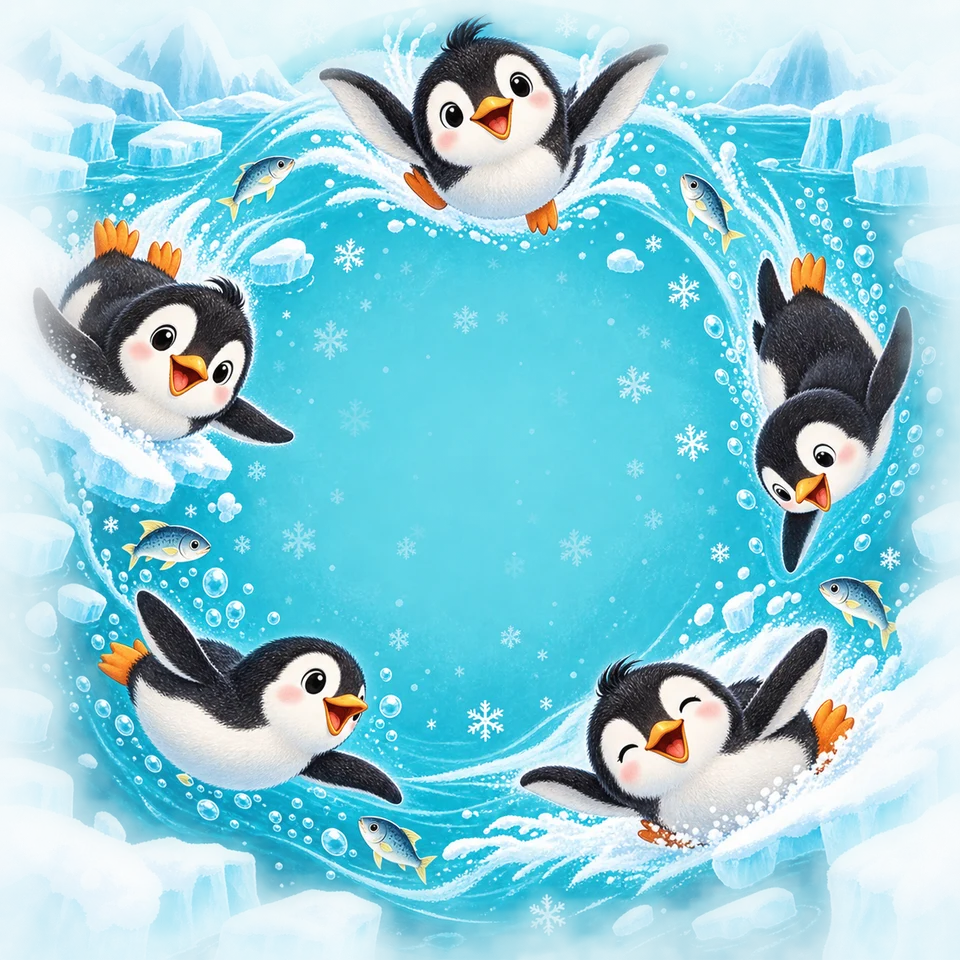 Playful penguins sliding and splashing across icy seas.
