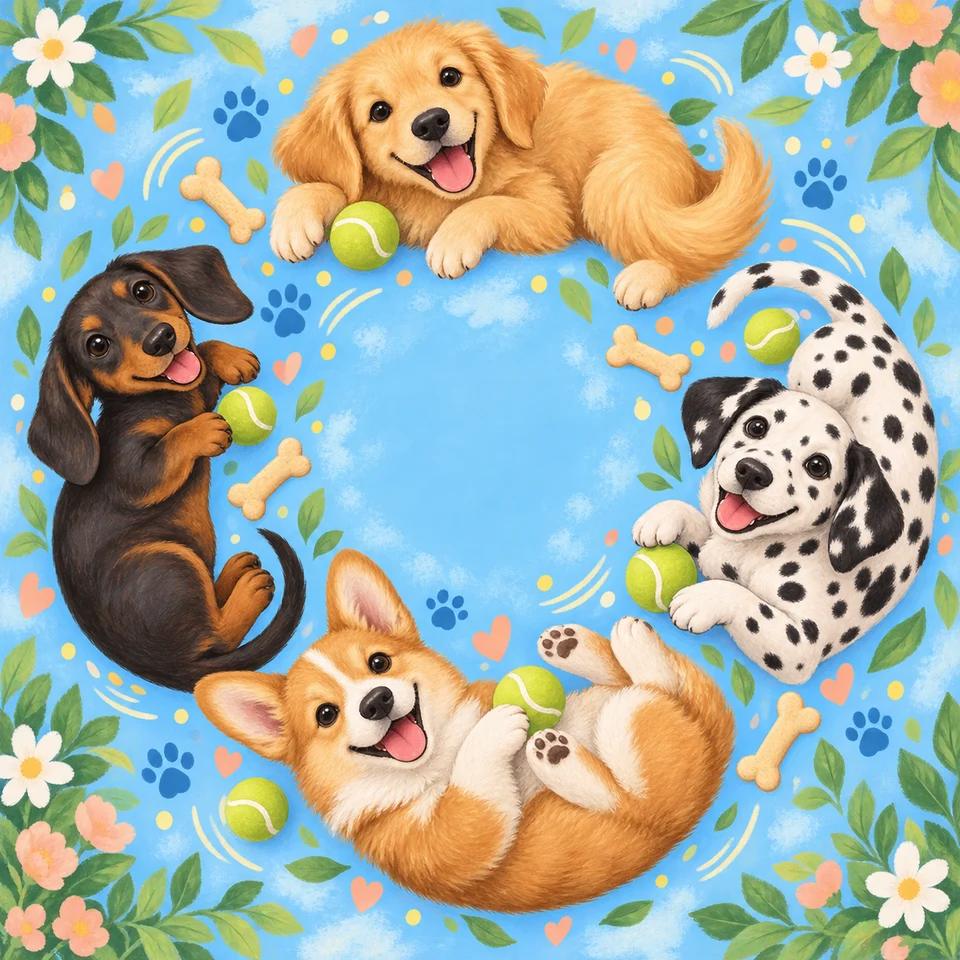 Joyful puppies playing with balls, bones and little stars.