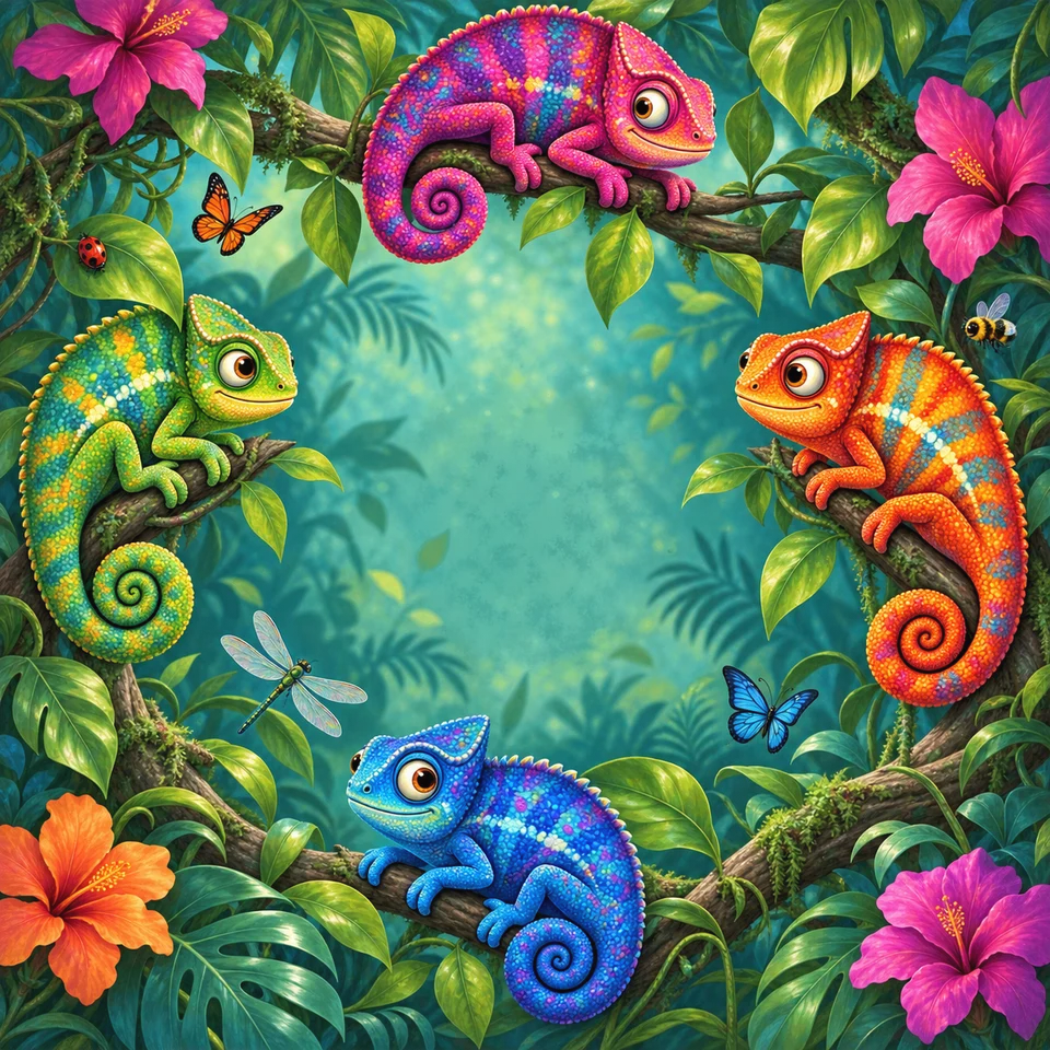 Jewel-colored chameleons curling around tropical branches.