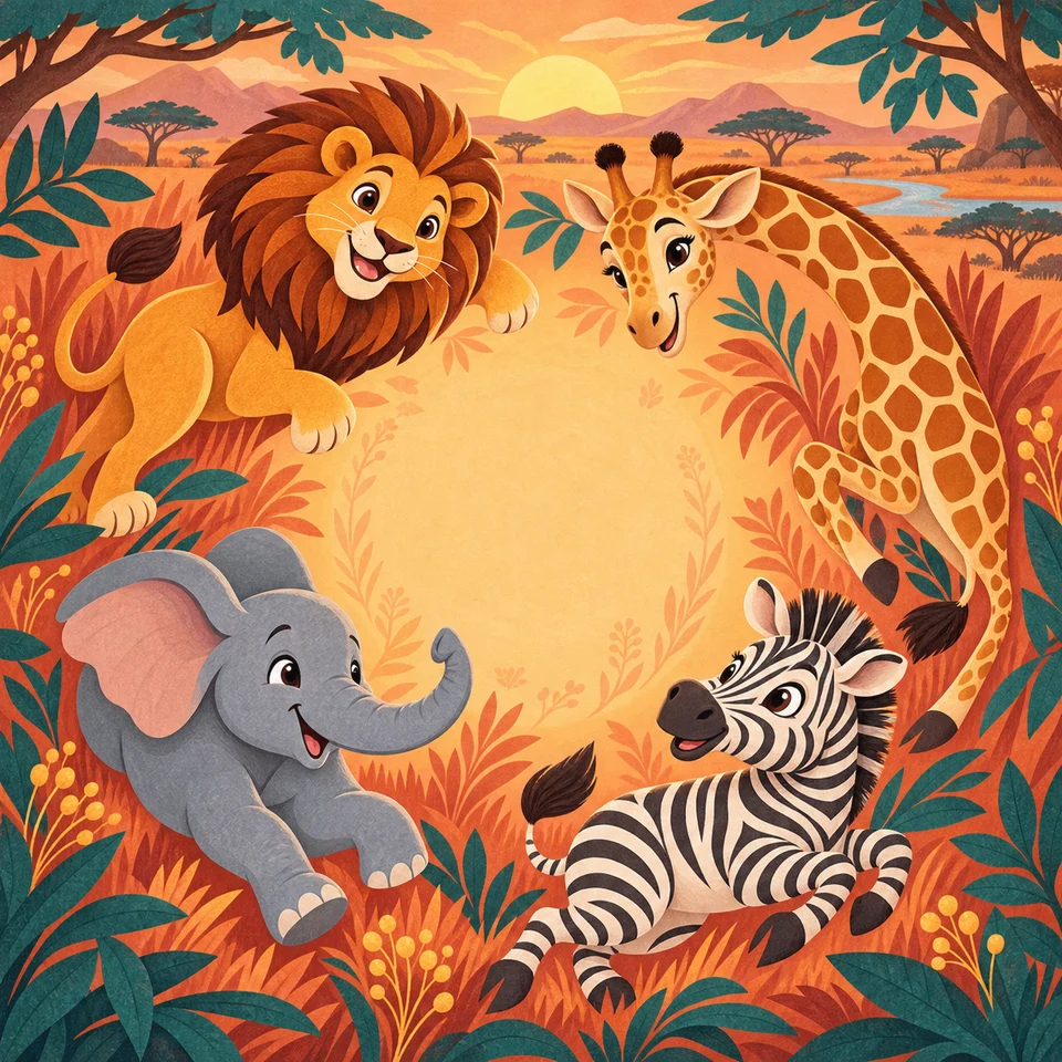 Lion, elephant, giraffe and zebra on a sunny safari.