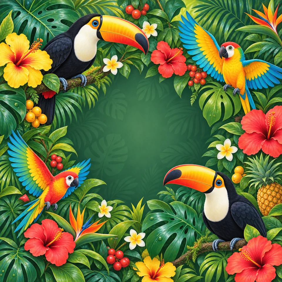 Bright toucans and parrots among tropical foliage.