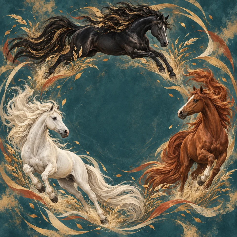 Horses galloping through a windswept painted landscape.