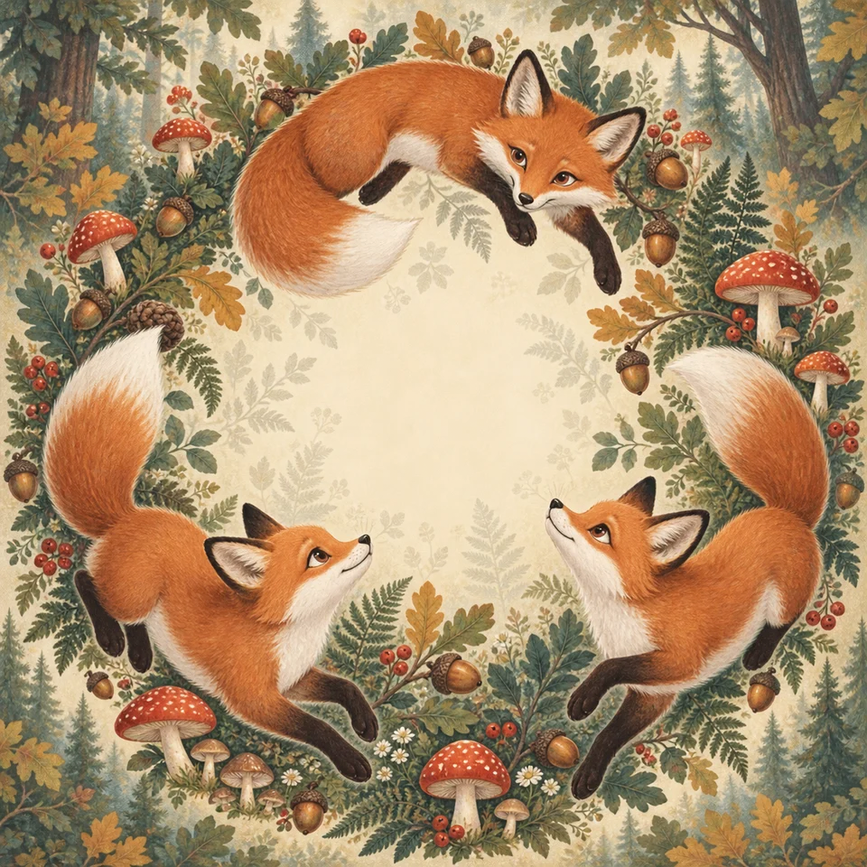 Rust-red foxes, woodland leaves and tiny forest mushrooms.