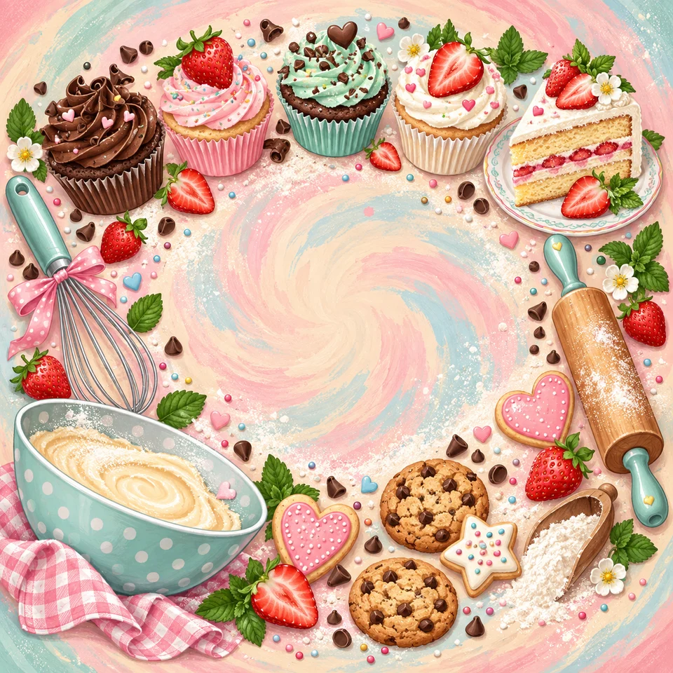 Cupcakes, mixing bowls and baking tools in cheerful pastel colours.