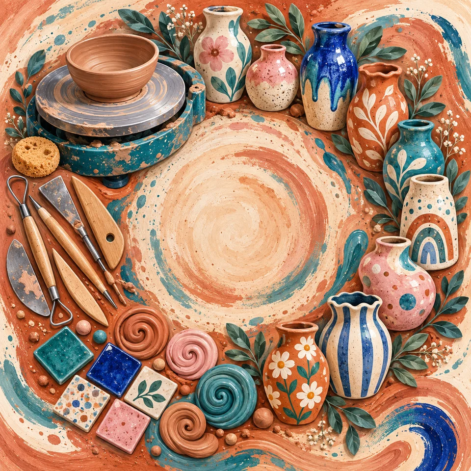 Ceramic pots, clay tools and colourful handmade pieces.