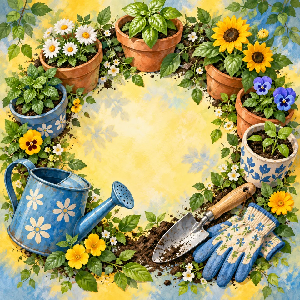 Plant pots, gardening tools and cheerful seedlings.