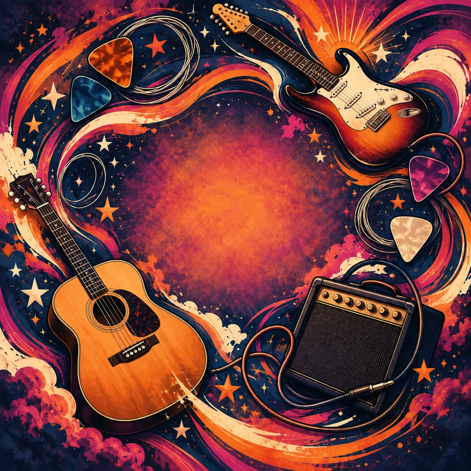 Electric and acoustic guitars with energetic colour and rhythm.