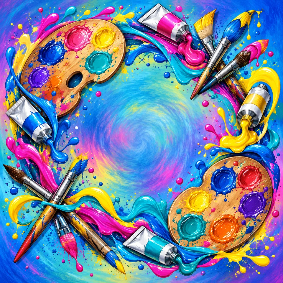 Paintbrushes, palettes and bright colour splashes for art lovers.