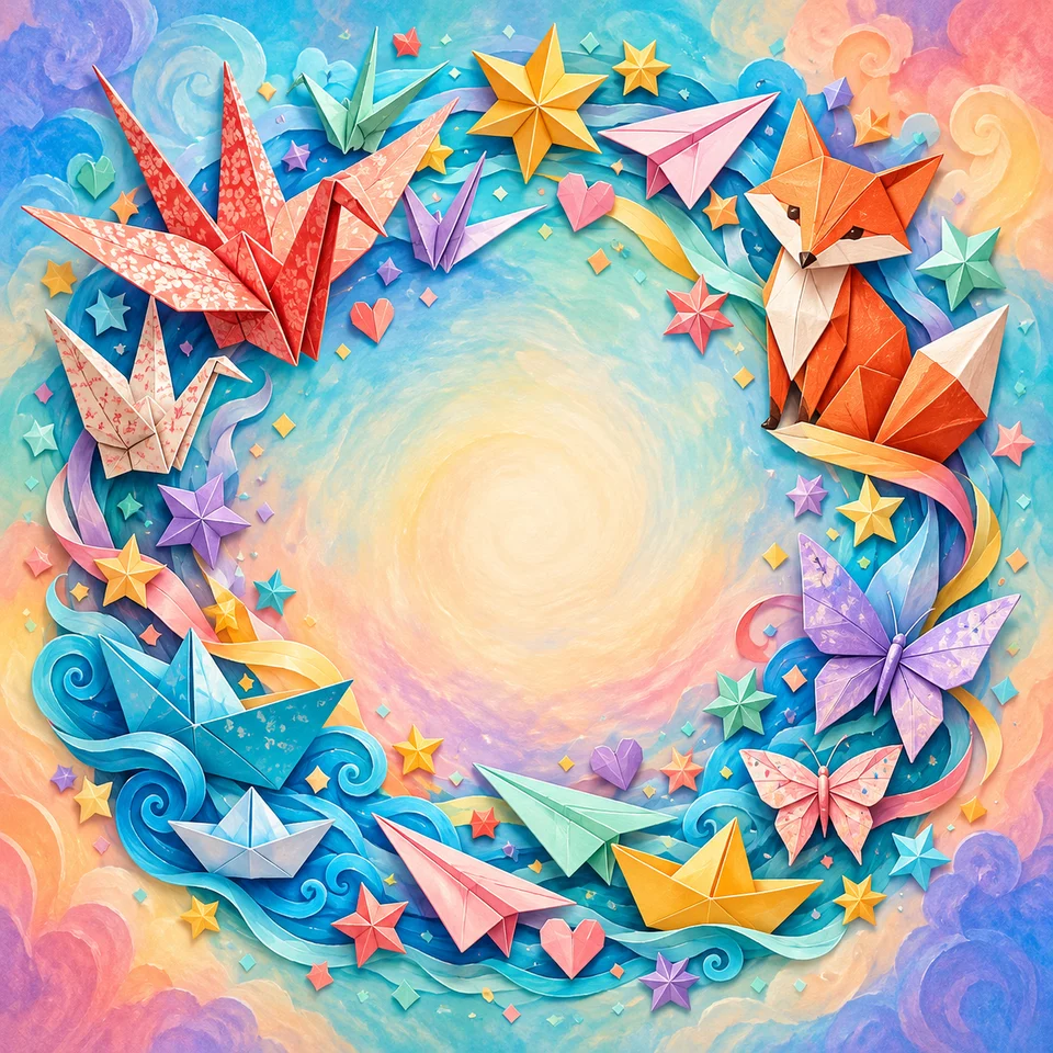 Origami animals, paper planes and colourful folded shapes.