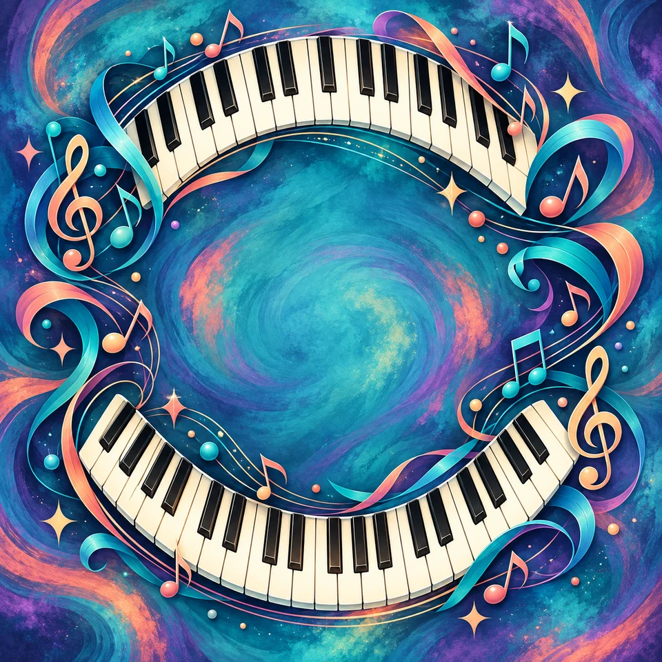 Piano keys and flowing musical energy in a colourful design.