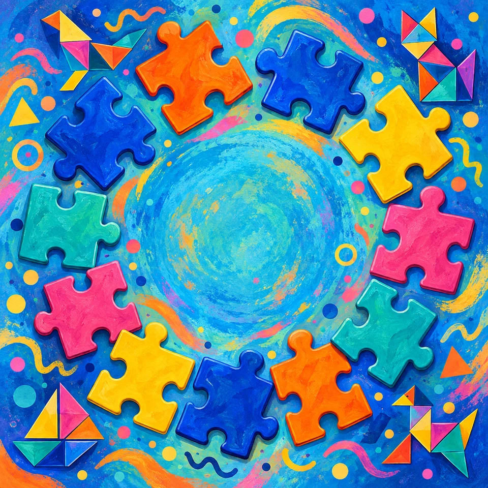 Bright puzzle pieces and playful challenges.