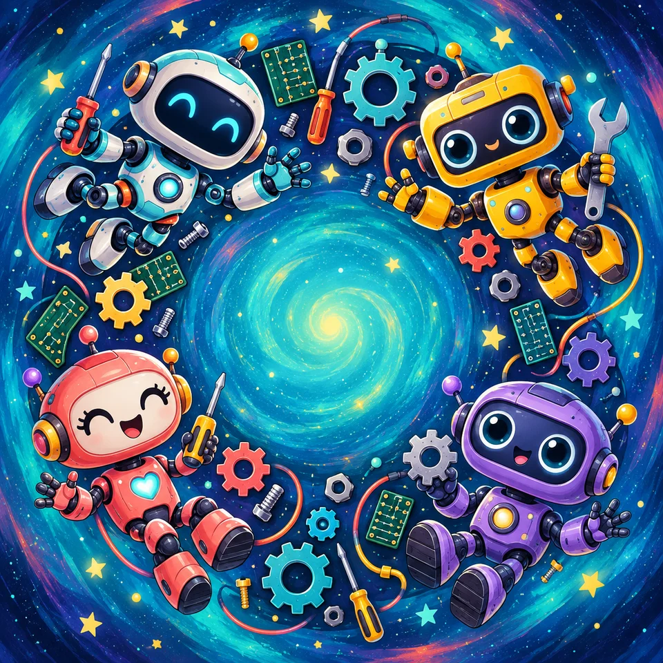 Friendly homemade robots and inventive workshop details.