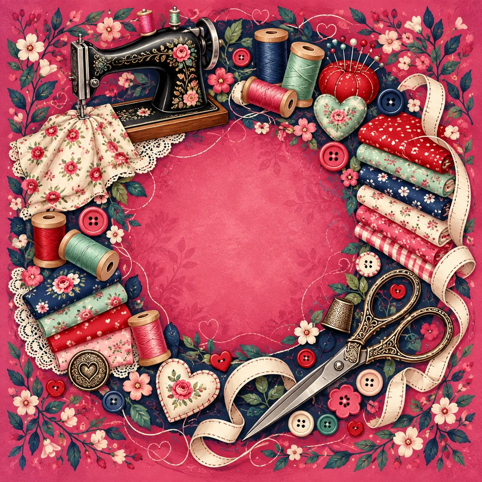 Fabric, scissors and colourful stitching for sewing enthusiasts.
