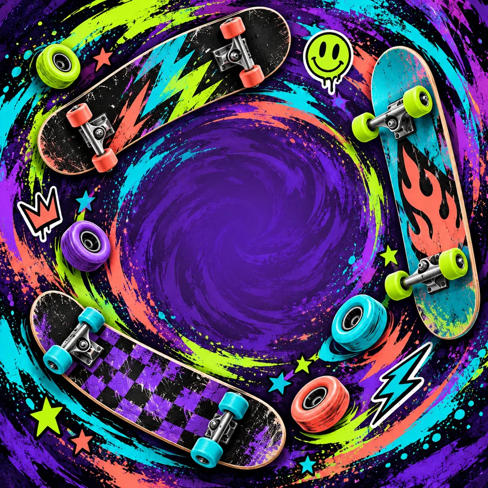 Skateboards, wheels and bold creative graphics.