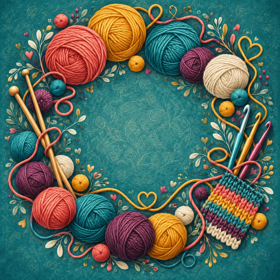 Colourful yarn, knitting and crochet in a cosy design.