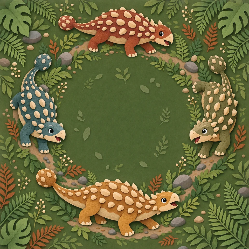 Armored ankylosaurs following fern-lined prehistoric trails.