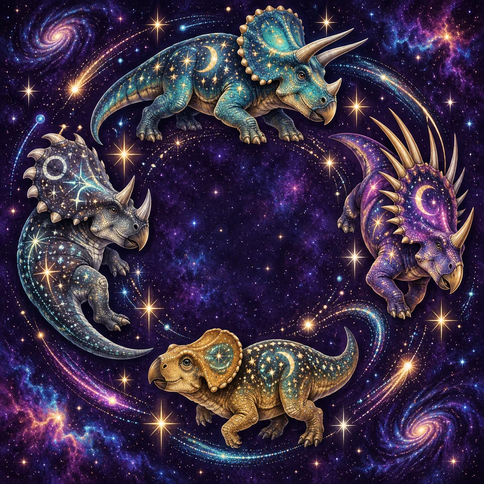 Horned dinosaurs and shimmering celestial patterns.