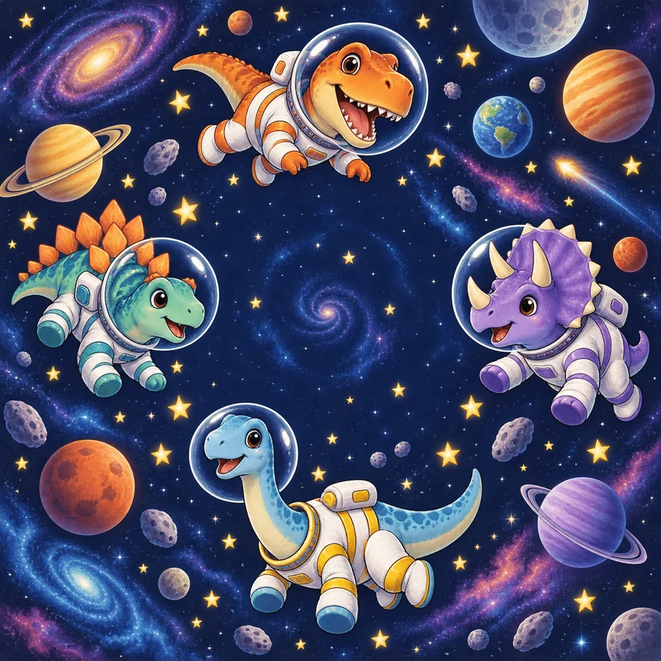 Tiny dinosaur astronauts exploring a colorful galaxy.