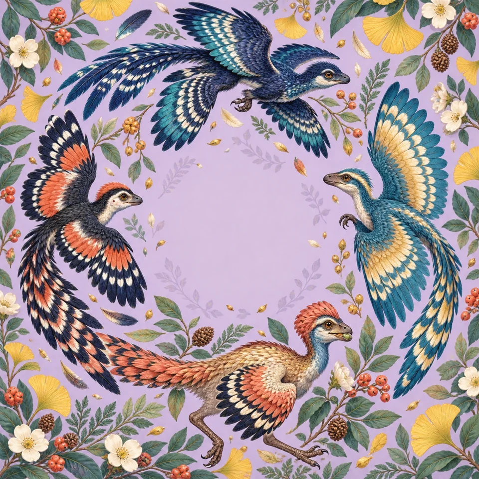 Small feathered dinosaurs in a bright botanical world.
