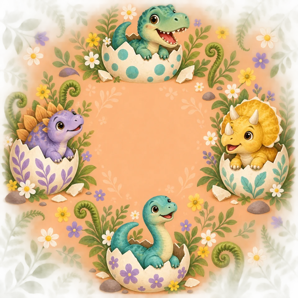 Baby dinosaurs hatching among soft leaves and blossoms.