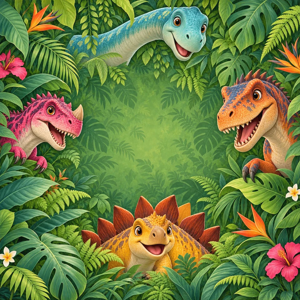 A lush jungle filled with colorful prehistoric explorers.