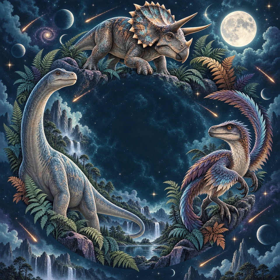 Dinosaurs exploring a moonlit prehistoric landscape.