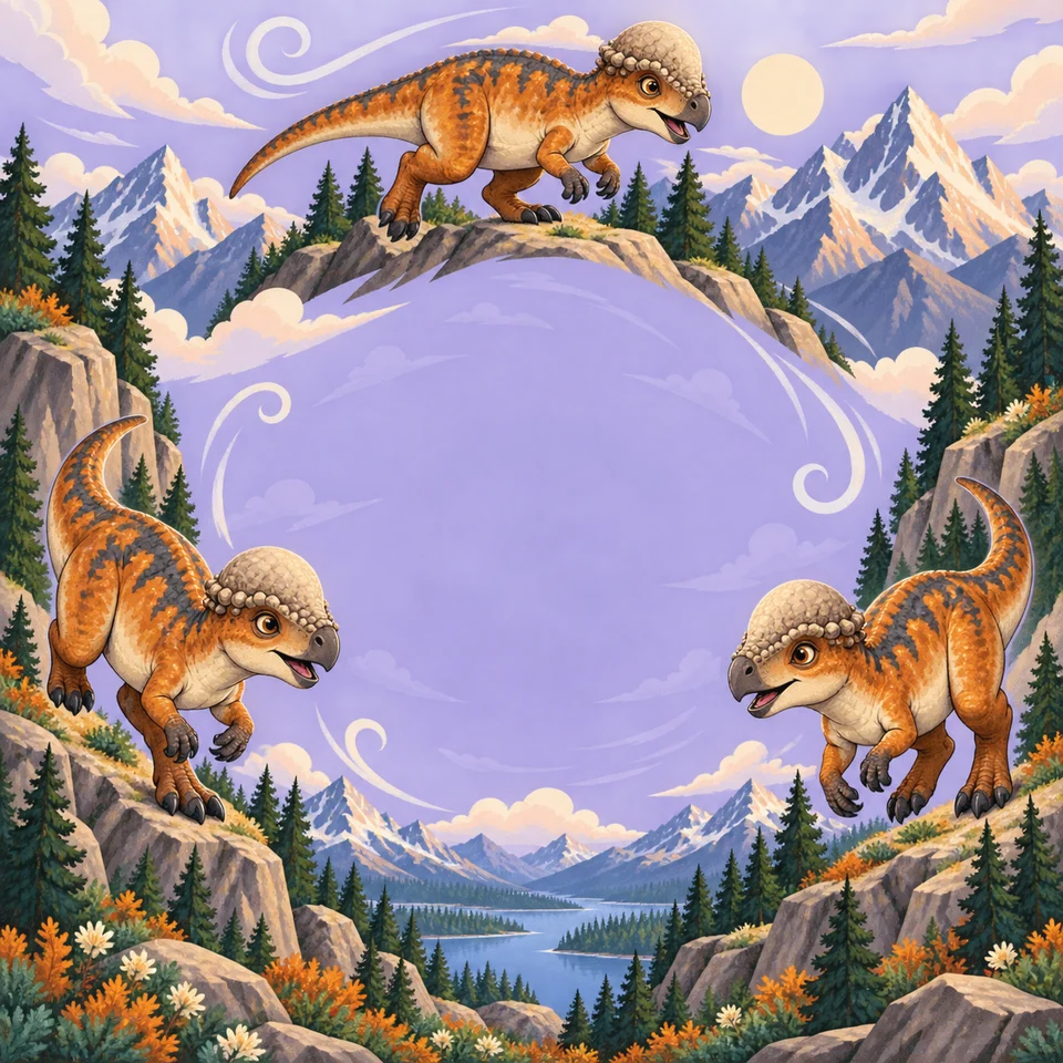 Dome-headed dinosaurs exploring a colorful mountain world.