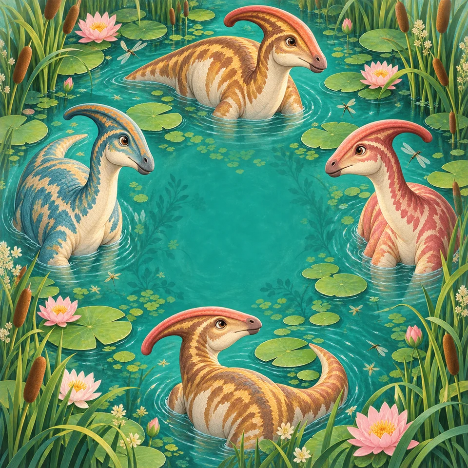 Crested dinosaurs exploring a peaceful tropical lagoon.
