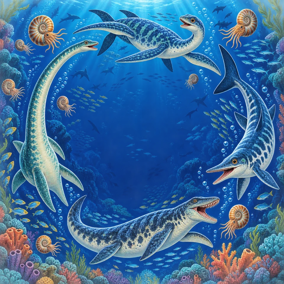 Marine reptiles swimming through an ancient blue ocean.