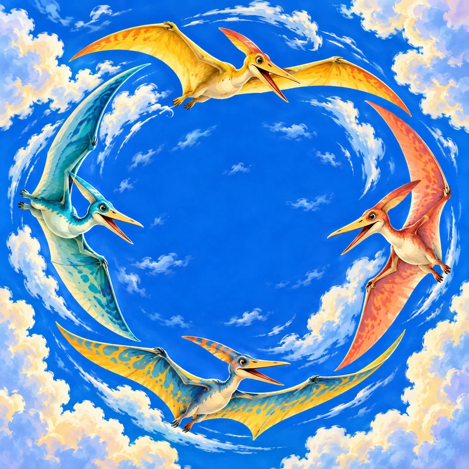 Pterosaurs soaring among soft clouds and distant peaks.