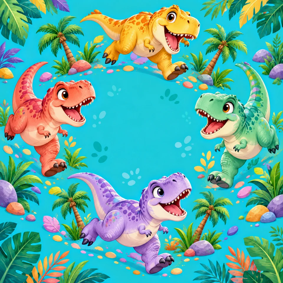 Friendly T. rex adventurers in a burst of rainbow color.