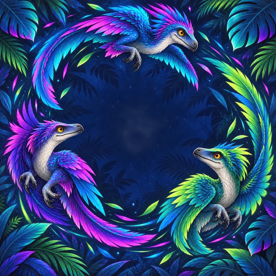Agile raptors in vivid neon jungle colors.