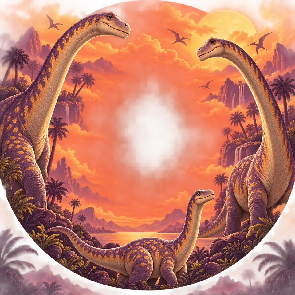 Long-necked dinosaurs beneath warm prehistoric sunset skies.