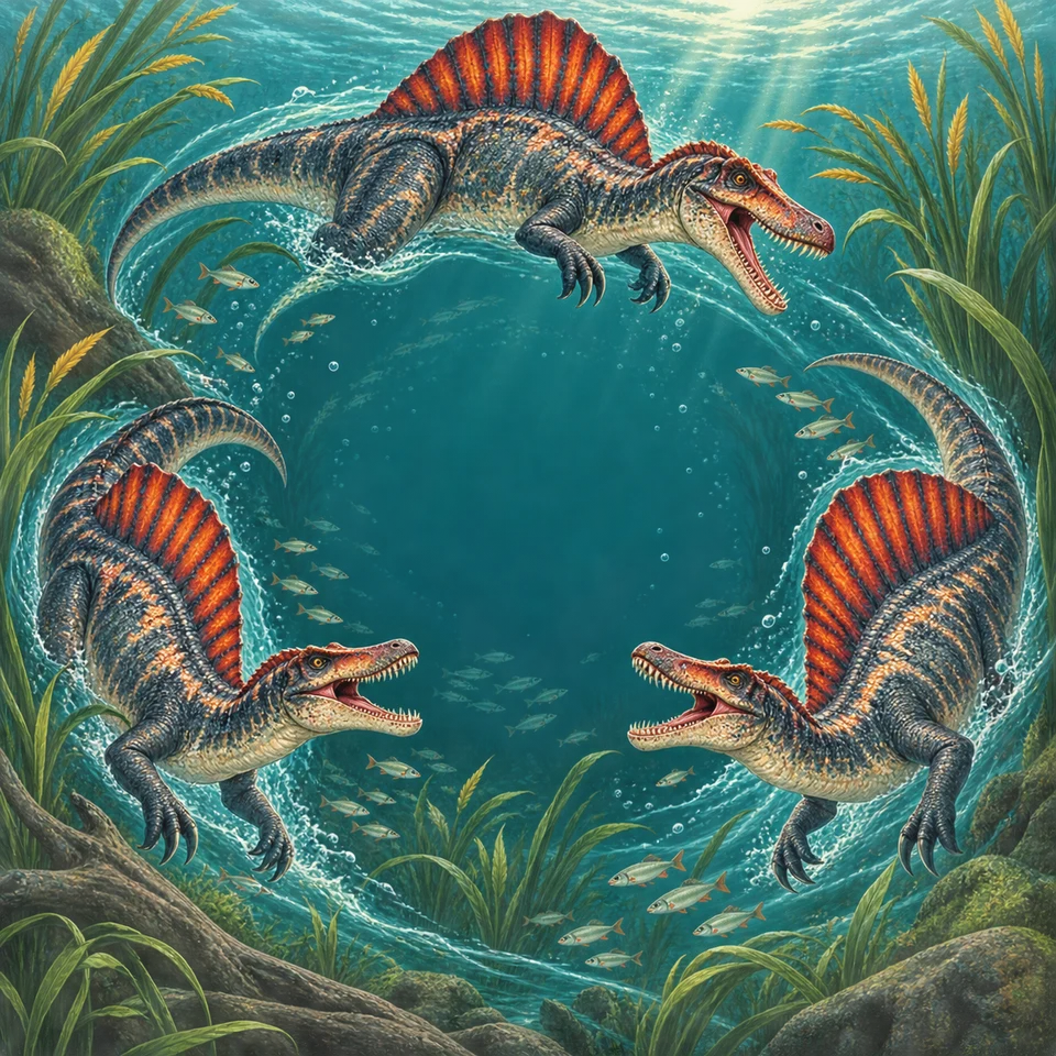 Sail-backed spinosaurus following a bright prehistoric river.