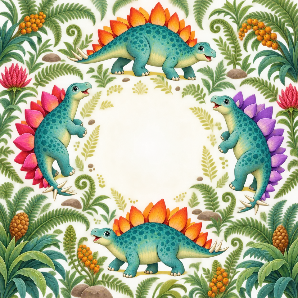 Bright stegosaurus plates and prehistoric garden plants.