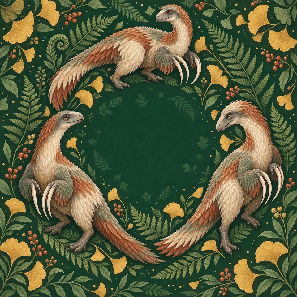 Feathered forest giants among ferns and ginkgo leaves.
